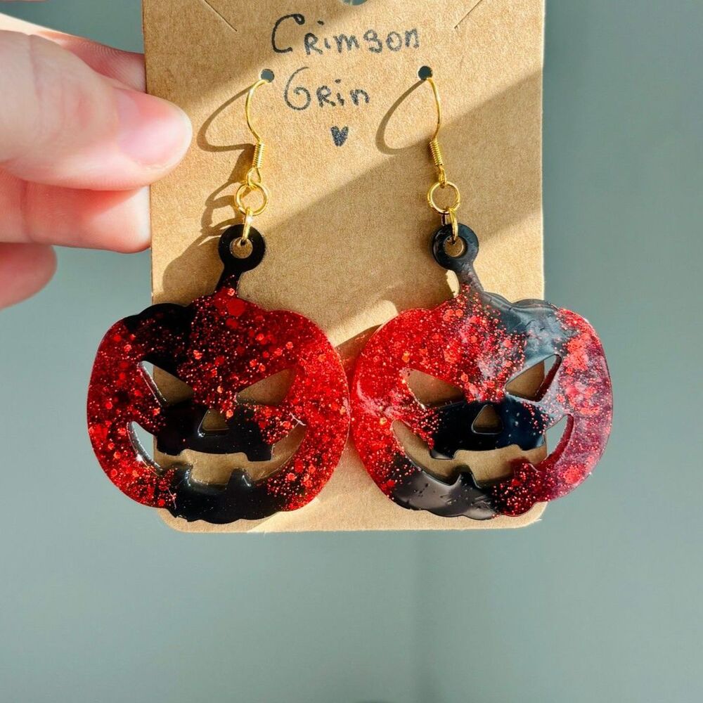 Red Pumpkin Earrings, Dark Romantic Jack O Lantern Jewelry, Gothic Halloween